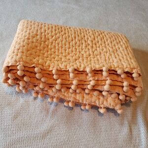Soft Surroundings Pom Pom Trim Cotton Quilt Throw Orange & silver Thread 50x68